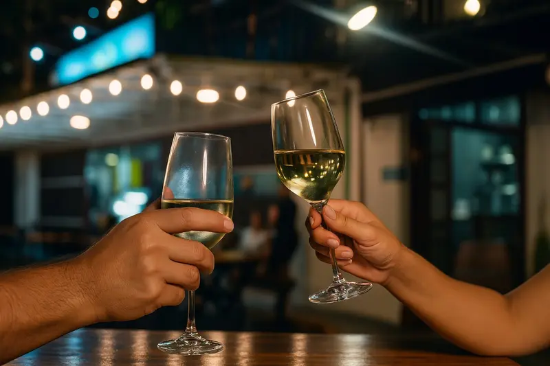 Dos copas de vino blanco brindando sobre la barra del restaurante