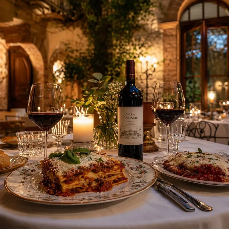 Mesa con lasaña y copas de vino tinto en un comedor con vegetación
