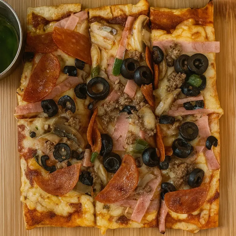 Pizza rectangular vista desde arriba con aceitunas negras, pepperoni, jamón y chile dulce