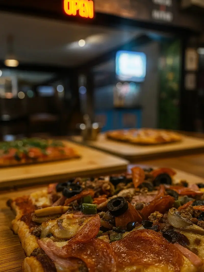 Pizzas rectangulares sobre tablas de madera en el mostrador, con el rótulo OPEN al fondo