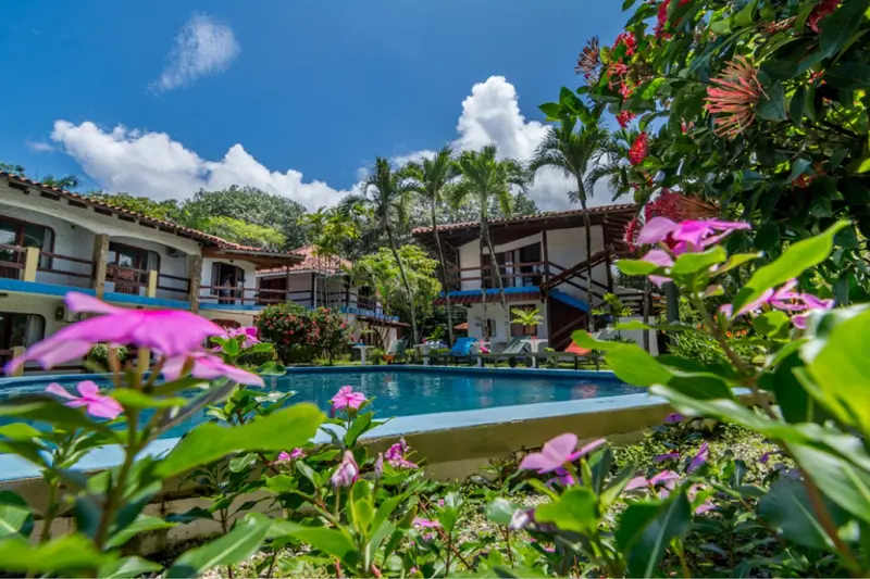 Jardín con flores, piscina y edificio de habitaciones del hotel