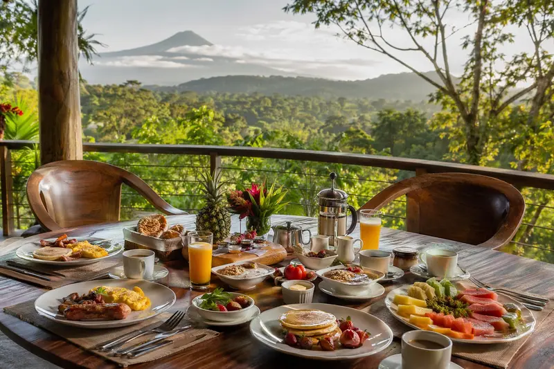 Mesa de desayuno en una terraza con vista a las montañas, con frutas, huevos y jugo